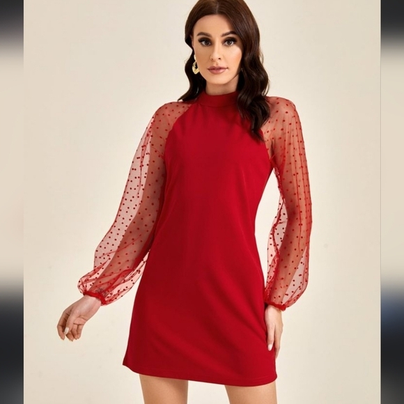 Shein Contrast Dress Womens Sz L Red Dolby Mesh Cap Sleeves Dark Romantic - Picture 1 of 11